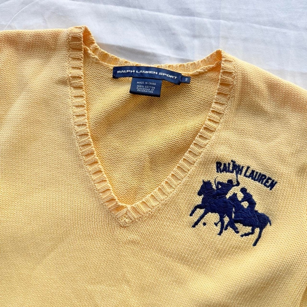 Ralph Lauren Sport Women's Small Yellow Cotton V-Neck Polo Logo Sweater